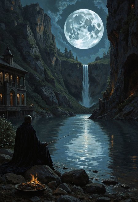 A serene yet eerie depiction of a twilight gathering at a lake in Mid-World, where the reflection of the moon shimmers over water that whispers with voices of another time. A lone fisherman's silhouette is just visible in the distance, casting his line into the silvered depths.