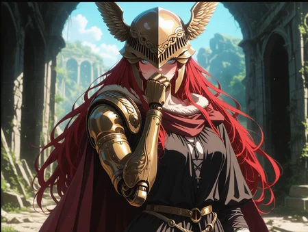 masterpiece, best quality, absurdres, amazing quality,
very awa,
1girl,
<lora:anime_screencap:0.8> anime screencap, anime coloring,
<lora:MoriiMee_Gothic_Niji_Style_Illustrious_r1:0.4> artist:moriimee ,
<lora:GLSHS-IL:0.6> GLSHS,delicate colors,partially illuminated,
<lora:noobai_ep11_stabilizer_v0.205_fp16:0.5>
<lora:AddMicroDetails_Illustrious:0.5> addmicrodetails,
<lora:Muscle slider IXLJK2_alpha16.0_rank32_full_last:0.8> fit, skinny, muscular female,
malenia blade of miquella, blue eyes,
ancient ruins,outdoors, day,
long hair,  looking at viewer,, black border, black tunic, border, hand up, prosthesis, alternate universe, prosthetic arm, covered mouth, blush, cape, upper body, gold belt, helmet, blurry background, winged helmet, blurry