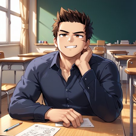 score_9, score_8_up, score_7_up, source_anime, masterpiece, best quality <lora:raeyr:1>raeyr, 1boy, youngraeyr, short sideburns hair, muscular, , close-up, Kneeling with head thrown back, bored eyes, lewd smirk , happy,  smug expression ,  lowered eyelids, v-shaped eyebrows, akanbe,, in a classroom, tables, chairs,,