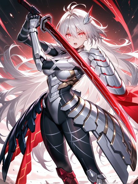 sky striker ace = zero,white armor,1girl,solo,glowing,looking at viewer,standing,glowing eyes,reverse grip,black bodystocking,holding red sword,red sword,floating shoulder armor,asymmetrical armored boots,asymmetrical armored dress,white hair ornament,white gauntlets,side red energy cape,pointing melee weapon, open mouth, 
masterpiece,best quality,amazing quality,very aesthetic,absurdres,newest,<lora:Sky striker ace - Raye illusXL v1:0.7>,