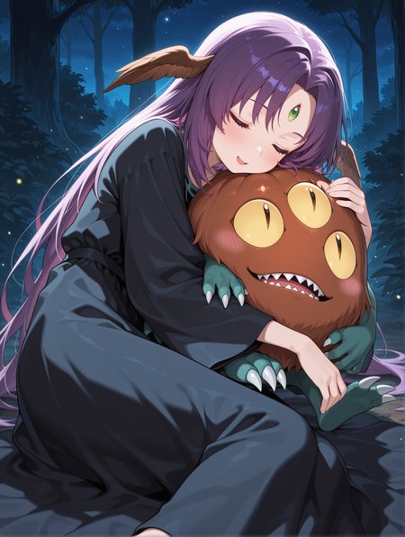 witch of the black forest,1girl,closed eyes,sleeping,blush,black long dress,brown head wings,sitting,closed mouth,monster hug,1other,sangan,open mouth,monster,claws,sharp teeth,night sky,black forest,slit pupils,head on another's,on side,open mouth,
masterpiece,best quality,amazing quality,very aesthetic,absurdres,newest,<lora:Witch of the Black Forest illusXL v1.4:0.7>,