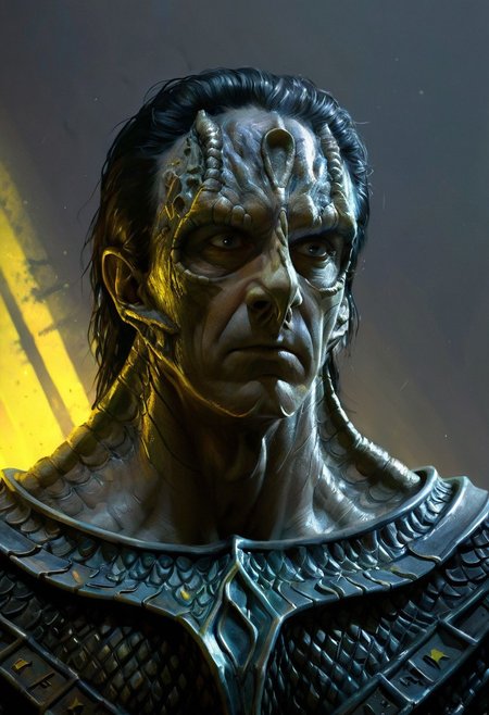 (a male c4rd45514n alien, forehead crest, grey skin, ridges, scales), militaristic, dynamic, moody, shadows, highly detailed, heavy armor, digital painting, artstation, concept art, smooth, sharp focus, illustration, art by Carne Griffiths and Wadim Kashin, good shadows, dim lit, devoid of color, low light, back light, hidden, obscured, black  hair, prismatic, monolith, obsidian, bright yellow god rays, sun circle