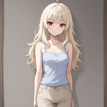 1girl, 3v4ngl13, pale blonde hair, red eyes, camisole, trousers,