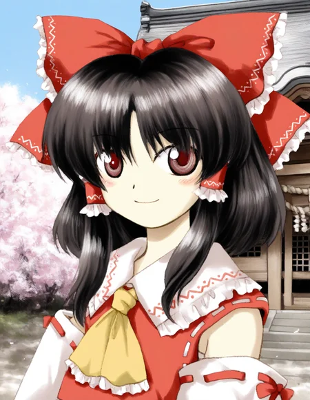 masterpiece, best quality, very aesthetic, absurdres, EoSD, solo, 1girl, hakurei reimu, hakurei shrine, upper body, looking at viewer, smile, outdoors, blue sky, cherry blossoms, vignetting, <lora:EoSD:1>