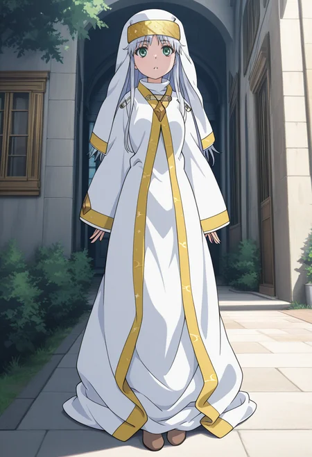 newest, masterpiece, best quality, 4k,
outdoors, very aesthetic, detailed background, full body,
1girl, solo,   <lora:Index:1> 1ndex, index (toaru majutsu no index), grey hair, long hair, green eyes, nun, habit, safety pin, robe