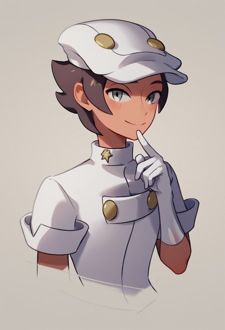 score_9,score_8_up,score_7_up,score_6_up,score_5_up,score_4_up,BREAKmasterpiece, hyper detailed, best quality, insanely detailed, high quality, exquisite, detailed, beautiful, ultra detailed,
1 boy,
score_9, score_8_up, score_7_up, masterpiece, best quality, amazing quality, best aesthetic, ,absurdres,intricate details,aether employee, brown hair, grey eyes, white hat, white gloves, white jumpsuit, white boots, solo,score_6_up, source_, score_5_up,score_9_up<lora:EMS-379231-EMS:1.000000>
person, smiling, blushing, brining finger close to face, cute, approachable,
in Take style,