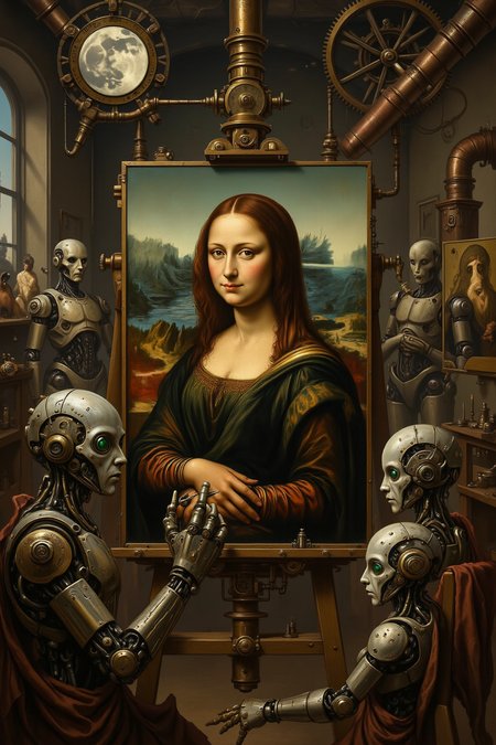 Film grainï¼Green eyesï¼well proportioned. In a steampunk version of Leonardo Da Vinci's studio, a group of hair-striped figures are creating moving paintings. In the unfinished work on the easel, Mona Lisa's robotic arm touches up her makeup, and each disciple at the Last Supper is a robot from a different era. The ceiling of the studio is a working astrometric device, and the cogwheel mountains on the moon can be seen through a copper tube telescope.