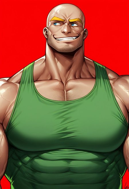 score_9,score_8_up,score_7_up, detailed face, detailed body, detailed eyes, Highest Quality, 4k, masterpiece, Amazing Details, (((GomTang, low angle, portrait))), ((solo, 1boy, bara, bald, yellow eyebrows, Goliath, dark blue eyes, smirk face, evil, looking to viewer, massive pectoral, muscular, tall, bodybuilding, green tank top, strong triangular jawline, rugged feature, chiseled feature)), (red sky with orange clouds background)