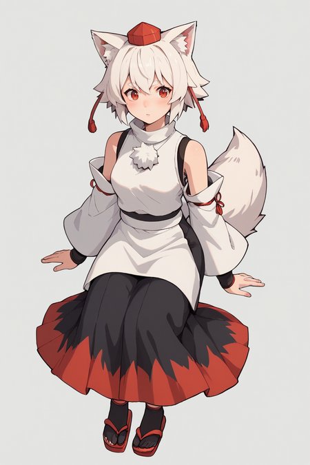 score_9, score_8_up, score_8, score_9, 1 girl,  source_anime, <lora:inubashiri_momiji_pony-10:0.8>  inubashiri momiji, white hair, short hair, wolf ears, tokin hat, pom pom \(clothes\), red eyes, full body, skirt, two-tone skirt,   <lora:gh1bl1XLP:0.8> gh1bl1