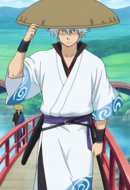 masterpiece, best quality, absurdres, detailed skin, anime colored, anime screencap,
sakata gintoki, serious, standing, adjusting headwear, 
<lora:kasa:1>, ((kasa)), large hat, 
bridge,
