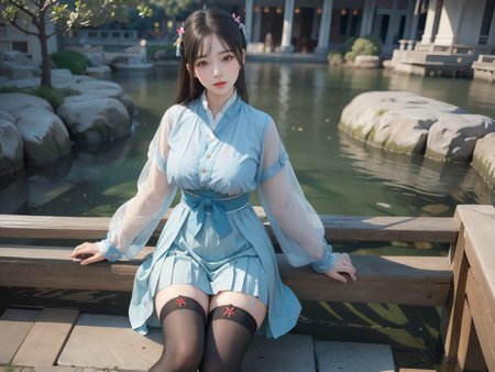 (8k, RAW photo, best quality, masterpiece:1.2), (realistic, photo-realistic:1.4), highres, 1girl an extremely delicate and beautiful girl, (full body:1.2), extremely detailed eyes and face, ultra-detailed, extremely detailed, depth of field, looking at viewer, Suzhou gardens, ming style outfits, ming hanfu, (big breast:1.1), (chest ru skirt:1.2), extra-long sleeve, fold collar, (thighhighs:1.1), beautiful detailed eyes, a sweet girl, gorgeous, rough skin, (oval face:1.1), cute, professional lighting, physically-based rendering, <lora:cuteGirlMix4_v10:0.3>,  <lora:hanfu_v29:0.5>, <lora:3loraGuofeng3Lora_v32LoraBigLight:0.8>,<lora:chilloutmixss_xss10:0.2>,  <lora:gachaSplashLORA_gachaSplash31:0.35>, <lora:koreanDollLikeness_v20:0.1>