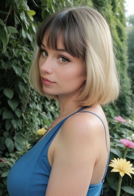 score_9, score_8_up, score_7_up, score_6_up, score_5_up, score_4_up, side profile, upper body shot of a woman, POV, looking at the viewer, blonde hair, bobbed hair, fringe, (dark blue eyes), black eyeliner, blue dress, busty, outside, in a garden full of flowers,