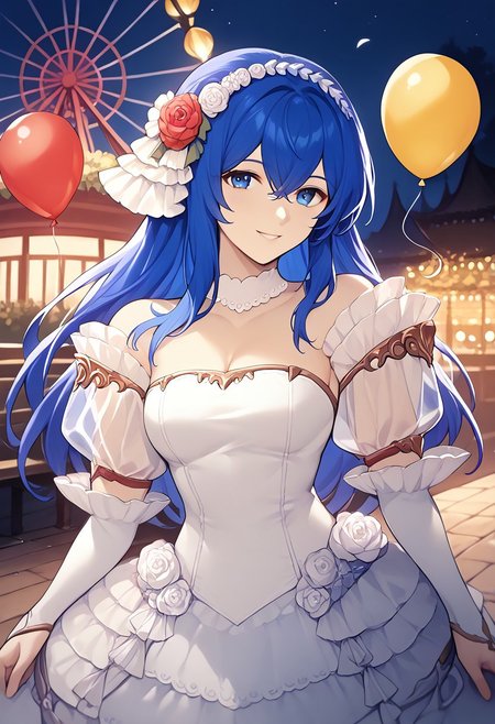 score_9, score_8_up, score_7_up, highres, (best quality:1.1), masterpiece, absurdes, 1girl, solo, long hair, looking at viewer, smile, standing, outdoors, night, bench, balloon, lamppost, ferris wheel,  <lora:caeda-fe-richy-v1_pdxl:1> caedabrd, blue eyes, blue hair, long hair, bangs, hairband, frilled hair ornament, bride, wedding dress, cleavage, detached sleeves, puffy short sleeves, see-through sleeves, long sleeves, frills, (upper body:1.1)