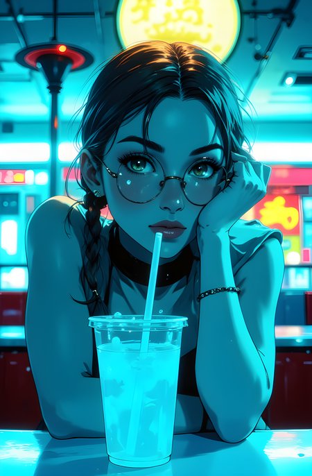 A vivid and atmospheric portrait set in a neon-lit environment, where cool blues and vibrant hues dominate the background. The subject sits at a table, her posture relaxed yet contemplative as she leans on one arm, her head resting gently against it. Her expression is thoughtful, her gaze directed slightly off-camera, suggesting introspection or quiet observation.
She wears round glasses with reflective lenses that catch the ambient light, adding depth to her appearance. Her hair is styled in loose braids, some strands falling loosely around her face, giving her look a casual yet stylish edge. A delicate bracelet adorns her wrist, its subtle shine catching the eye amidst the cool tones of the setting.
In front of her is a clear plastic cup with a straw, its contents glowing faintly under the neon lights, hinting at a refreshing beverage. The background is filled with bright, colorful signs and illuminated fixtures, creating a lively yet intimate ambiance typical of a diner or café. The interplay of light and shadow enhances the mood, casting soft reflections on her skin and emphasizing the textures of her clothing and accessories.
The overall atmosphere is one of quiet reflection, as though she is lost in thought amidst the bustling energy of the surroundings. The cool blue tones of the lighting contrast beautifully with the warmth of her presence, inviting the viewer to linger on the nuances of her expression and the details of the scene. It is a moment captured in time, where modernity meets introspection, creating a harmonious blend of style and emotion.
j_art, anime, anime art, <lora:FLUX\jul\J_Anime:0.7>, <lora:FLUX\RealAnime:0.7>