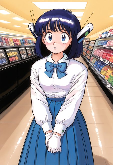 best hands, 5 fingers <lora:shina chara_IL1.2:0.8> retro artstyle, 
shina chara, shina_style, 1girl, misokkasu, parted lips, medium hair, blue eyes, Robot sensor ears,
collared long sleeves, blue bowtie, pleated long skirt, white gloves, v arms, 
<lora:AIã¤ã©ã¹ããããã_style_illustrious_goofy:1>shiny skin, shiny clothes,
indoors, Inside a department store, shadow,