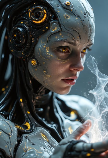 imagine extreme close-up, cybernetic mythpunk woman, with liquid marble white skin with gray veins, detailed yellowish-orange mechanical eyes, subtle neon implants. Partially concealed expression, hinting at ancient secrets. Single abstract light source, rim lighting through mist, soft ethereal glow. Wearing a carbon fiber mechanical exosuit with intricate glowing runes. Casting a spell, opening a portal within an alien cave – a futuristic mad scientist's lab. Profound mystery, quiet intensity.