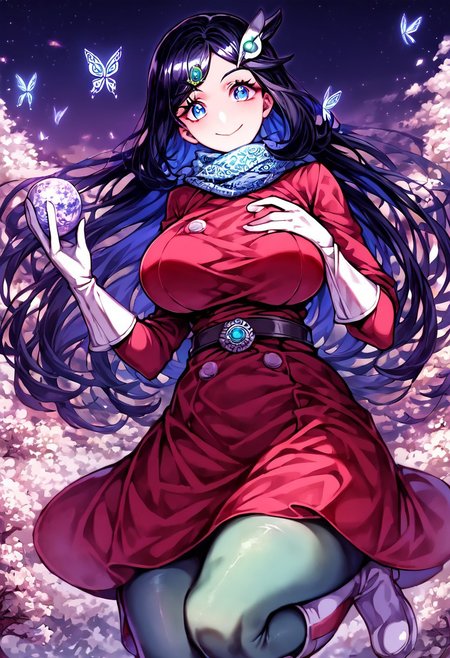 gorgeous lips, cinematic, (masterpiece), (best quality), (ultra-detailed), very aesthetic, perfect composition, intricate details, absurdres, detailed face, (anime, masterpiece, intricate:1.3), (best quality, hires textures, high detail:1.2), score_9, score_8_up, score_7_up, source_anime, 1girl, liko \(pokemon\), very long hair, black hair, blue highlights, blue eyes, eyelashes, hair ornament, scarf, dress, red dress, long sleeves, buttons, gloves, white gloves, belt, pantyhose, green pantyhose, boots, white heel footwear, butterflies, skirt, floral patterns, alternate_costume, large breasts, facial expression, kind, soft eyes, head tilt, slightly smiling, closed mouth, hand on breasts, breasts covered, goddess, planet size, giantess, enormous body, growing even bigger, towering over cities, small planet, in the city, sitting on a city, floating object, gradient eyes, beautiful detailed eyes, Chinatown background, Chinatown landscape, Chinatown, temples, outdoors, cherry blossom forest, small lakes, holding planet, (masterpiece:1.4), (best quality:1.4), (ultra-detailed:1.2), gl0w, glow,