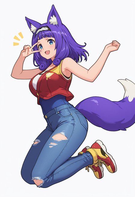 Smooth Quality,masterpiece,very intricate, high quality details, ultra realistic, high detailed skin,detailed enviorement,absurdres,
v over eye,solo,
 <lora:Kyan_Hitamu_CNR:0.8> hitamu_cnr, fox ears,animal ear fluff,blue eyes,purple hair, medium hair,long hair, blunt bangs,large breasts, hairband,tail,, simple background, white background, from side,
jumping, arms open, legs bent, smiling, midair,  ,, o o,, unitard,  ,button-up vest, ,ripped jeans, ,