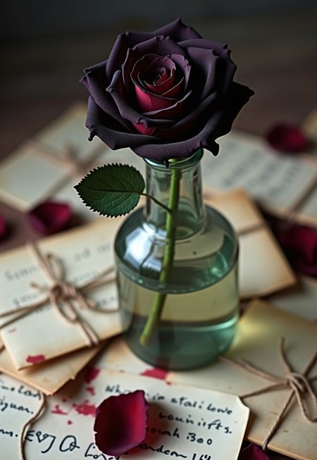A single black rose in a shattered glass vase, surrounded by unopened love letters tied with faded ribbons. The petals are falling, mirroring love slipping away.