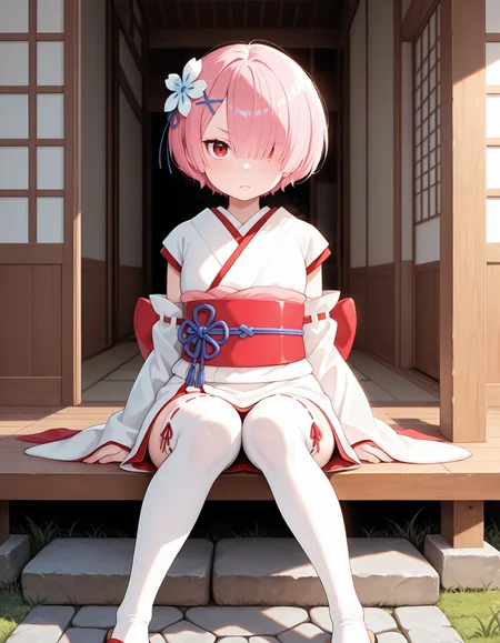 <lora:Ram Illu:1>1girl, solo,
r4m, short hair, pink hair, hair over one eye, red eyes, 
r4mpast, white thighhighs, japanese clothes, obi, short white kimono, hair flower, white flower, detached sleeves, long long sleeves, sandals, ribbon trimmed legwear, red back bow, x hair ornament, single ribbon bow,
sitting, looking at viewer, straight-on, frown, 
outdoors, sliding doors, east asian architecture, sunlight, grass, stone path, 
 <lora:cfg_scale_boost:0.7>, masterpiece, best quality, amazing quality