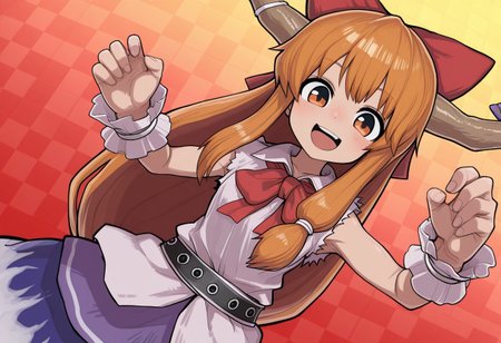 best quality, masterpiece, dutch angle, looking at viewer,
1girl, solo, yamin \(cookie\), (ibuki suika:0.5), 
orange hair,
standing, leaning backward,
spread arms, curled fingers, hands up,
collared shirt, red bowtie, red hair bow, torn clothes,
sleeveless,
:D, smile, tareme,
dynamic pose, 
(checkered background:1.2), 
red background, yellow background,