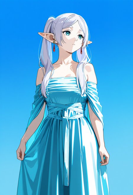 dress, bare shoulders,off shoulder,1girl,solo, frieren