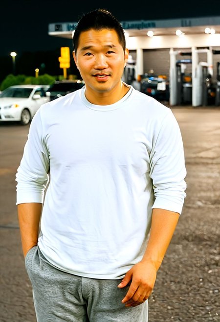 (((htkangface))), daddy,  natural face expression, (((detailed HtKangface))), fixed htKangface Photorealistic, realistic, masterpiece, intricate details, detailed background, depth of field, photo of a handsome, dynamic pose, natural face expression, (((looking at viewer))), high detail, high quality, male focus,  ((white shirt)), ((pants)), (( parking area background)), full body, ((night))