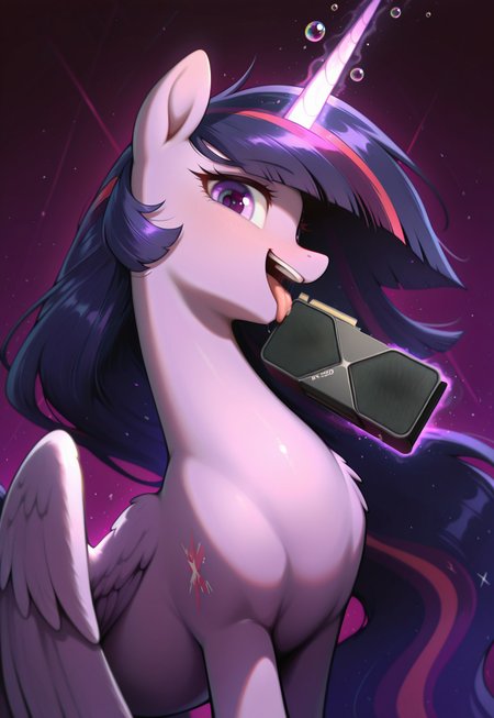 masterpiece, best quality, amazing quality, very aesthetic, absurdres, newest, solo, pony, mare, princess twilight 2, horn, wings, purple eyes, dark purple hair, long hair, rtx5090, graphics card, happy, side_view, licking, licking_graphic card, glowing horn, magic bubble, levitating x with magic
