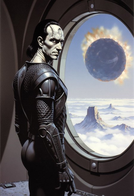 frank frazetta dark fantasy oil painting closeup view of a male Cardassian alien with gray skin, forehead crest, neck ridges and scales, wearing heavy sci-fi battle armor, he has slicked back black hair, he is standing in front of a large window on a deep space station while facing and looking at the viewer,  out side the window is a large wormhole in the distance and many asteroids
