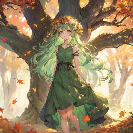 A serene forest nymph, with green flowing hair intertwined with flowers, captivating emerald eyes, wearing a dress made of autumn leaves, standing amongst ancient trees under a soft, dappled sunlight, in the style of Hayao Miyazaki, top trending on ArtStation and Pixiv, 1girl, fantasy setting, nature-oriented, high-resolution, top quality, masterpiece