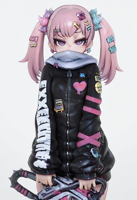 masterpiece, best quality,   zzH0ld, looking at viewer, simple background, hair ornament, bow, holding, purple eyes, jacket, weapon, hair bow, heart, cowboy shot, hairclip, scarf, zipper, covered mouth,  <lora:HoldXcute_IXL:1.0>,  NyxL0v3, <lora:NyxLoveStyle_IXL:0.8>,