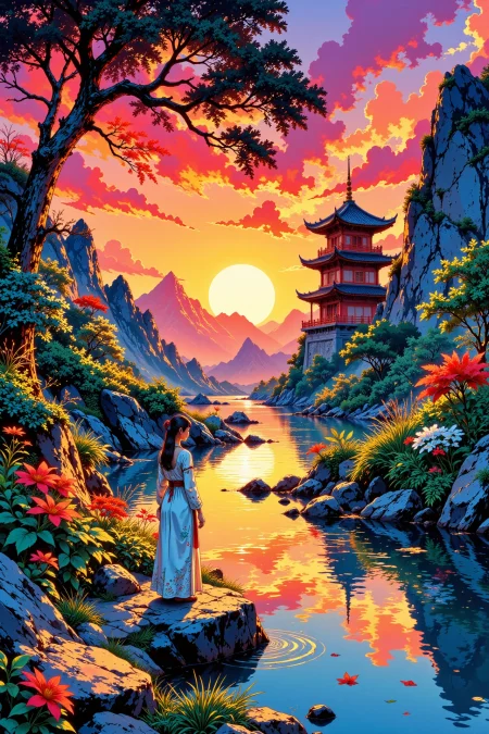 paradise beautiful landscape, sunset, woman, very intricate, very detailed, sharp, bright, colorful, <lora:Hand v2:0.5> <lora:Anti-Blur:1><lora:Insane Detail Slider:0.25>  <lora:flux.1_lora_flyway_Epic-detail_v2:0.3> <lora:fluxenhancer:0.25> <lora:ROWER:0.6> <lora:flux-charmer-v1-1:0.4><lora:Vibrantly_Sharp_style_v.5:0.4> <lora:realanime:0.7> <lora:Chinese_Ink:0.3> chinese ink style