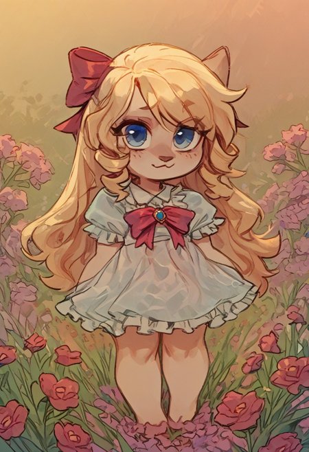 NEGATIVE_HANDS, fcNeg, csr style, gclearstyle, Art by Phallusbro[STYLE], Phallusbro[STYLE], furry, furry art, Cartoony, Cartoon like, cutesy style, , chibi, ojou curls
detailed, HD, uploaded to e621, painting, painted, shaded, soft, clean lines, game CG, official art, 
animalistic features,
1 girl, solo, long hair, blonde, frills, dress, frilled dress, ribbons, bows, cute,
dramatic lighting,
outside, spring time, flowers, flower field,