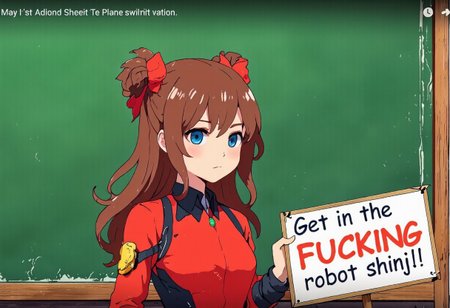 The video is an illustration of a girl with long brown hair and blue eyes. She is wearing a red and black suit with a green button on the chest. She has two red bows on her head and is holding a sign that reads "Get in the FUCKING robot shinji!" The girl appears to be standing in front of a green wall.