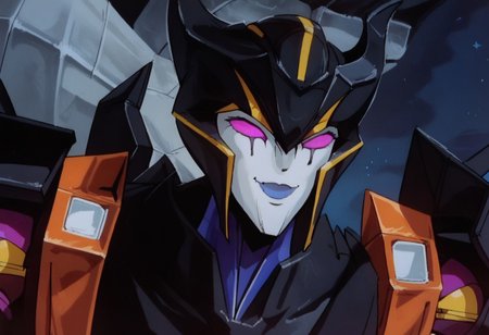 Score_9_up, score_8_up, score_7_up, score_6_up, 
solo, 1girl, Transformer, Airachnid, Robot, Robot Girl, Purple eyes, glowing eyes, no nose, claws, fangs, Perfect eyes, Perfect face, Detailed, giggling , Closed mouth, happy face, smile, standing, arched back, looking down, Columns, Stars, starry sky, night sky, Transformers, animation, ,<lora:Transformers 86 FT:1>