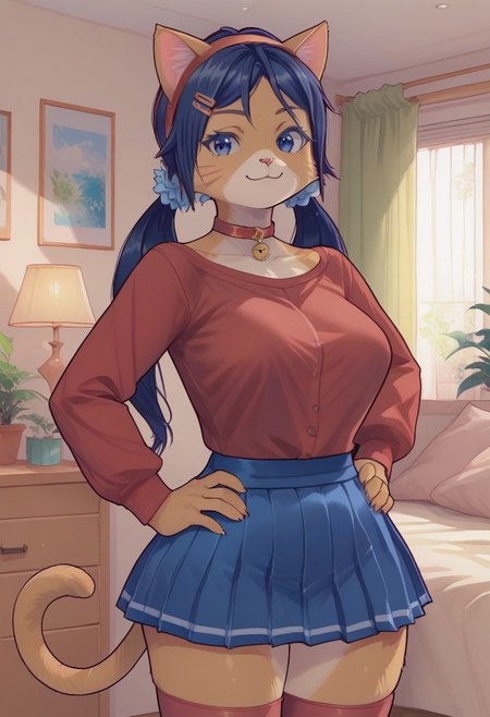 score_9, score_8_up, score_7_up, score_6_up, score_5_up, score_4_up,sharp image, high quality, furry(fur,Cat,animal face,animal ears,animal nose,cat tail,furry),Mita,blue hair,long hair,blue eyes, twintails,red shirt, blue skirt,red stockings,smile,closed mouth,front view, looking at viewer,focus face,perfect tail arrangement,stands, closeup, indoors, bedroom, thickthight,big breasts,medium hips, big ass,hands on hip,(5 fingers)