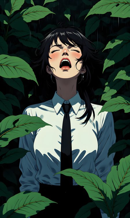 A woman with long, dark hair that appears slightly tousled. She is wearing a white collared shirt and a black tie, giving her a formal yet unconventional look. Her head is tilted back, and her mouth is open in what could be interpreted as a scream or an expression of intense emotion.
Her facial expression is one of extreme intensity. Her eyes are closed tightly, and her mouth is wide open, suggesting she might be screaming or expressing a powerful emotion. The tension in her face adds to the dramatic effect of the image.
The woman's pose is dynamic and expressive. Her head is tilted far back, and her neck is extended, which contributes to the overall sense of drama and intensity. Her body is partially obscured by the surrounding foliage, but her posture suggests a moment of high emotion or reaction.
She is dressed in a white collared shirt and a black tie, which contrasts sharply with the natural setting around her. The formal attire juxtaposed with the wildness of her hair and the environment creates an intriguing visual contrast.
The camera is positioned above the subject, looking down at her from a slightly elevated angle. This perspective emphasizes her upward gaze and the tilt of her head, enhancing the dramatic impact of the image. The framing focuses closely on her face and upper body, drawing attention to her expression and attire.
The lighting in the image is soft and diffused, likely filtered through the leaves above. It creates a gentle interplay of light and shadow on her face and clothing, adding depth and texture to the scene. The shadows cast by the leaves contribute to the moody and atmospheric quality of the photograph.
The background is densely filled with large, green leaves, creating a lush and almost jungle-like environment. The leaves are wet, possibly from rain, which adds a reflective quality to their surfaces. The natural setting contrasts with the subject's formal attire, creating a striking visual juxtaposition.
The composition is centered on the subject's face and upper body, with the surrounding foliage framing her from all sides. The leaves create a natural border around her, drawing the viewer's eye to her intense expression. The contrast between the organic shapes of the leaves and the structured lines of her clothing adds visual interest and complexity to the image. The overall effect is one of raw emotion set against a backdrop of nature.
BREAK j_art, anime, anime art, <lora:FLUX\RetroAnimeS1.1:0.1>, <lora:FLUX\GLSHS:0.1>, <lora:FLUX\Dieselpunk Delight - s0_9 g4:0.1>, <lora:FLUX\Anime Art V3:0.1>, <lora:FLUX\jul\J_Anime:1.0>