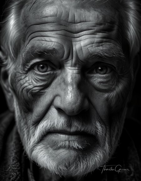 cinematic photo A high-resolution, black and white close-up portrait of an elderly man, his face etched with the wisdom and experiences of a lifetime. His skin is weathered and lined, a testament to the years he has lived and the stories he carries. His eyes, the focal point of the image, are bright and piercing, their irises filled with intricate details and subtle reflections of light. The depth and complexity of his gaze draw the viewer in, inviting them to contemplate the rich tapestry of his life. The background is a deep, velvety black, isolating the man's face and intensifying the emotional impact of his expression. The lighting is dramatic, highlighting the contours of his face and accentuating the wrinkles and creases that tell his story. The overall effect is one of profound depth and character, a portrait that captures the essence of a life well-lived in timeless black and white.     . 35mm photograph, film, bokeh, professional, 4k, highly detailed