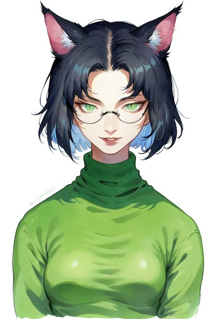 score_9, score_8_up, score_7_up, score_6_up, 1girl, solo, simple background, looking at viewer, cat ears, animal ears, black hair, medium hair, straight hair, bangs, black cat tail, green eyes, slit pupils, small breasts, round rimless glasses, parted lips, smile, green sweater, traditional media, watercolor, sketch,