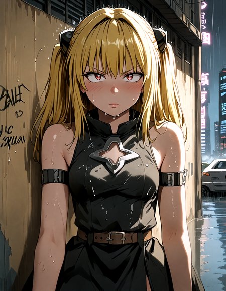 score_9,score_8_up,score_7_up, source_anime, rating_safe, 1girl,  yami, yellow hair, long hair, red eyes, hair ornament, two side up,sleeveless, detached sleeves, dress, black dress, black skirt, clothing cutout, cleavage cutout, blush ,leg_belt ,long_hair ,small_breasts ,solo,pov, looking at viewer, wet body,
pmg style,masterpiece, best quality, newest, absurdres, highres, fantasy, rain, stormy, detailed background, neon lights, future, futuristic city, graffiti, (rain), on a roof, indoor, windows,kabedon,pov , against_wall, in a dark alley,
, <lora:pmg_001:0.7> ,<lora:golden-darkness-ponyxl-lora-nochekaiser:1>, <lora:pony_pony_2_adamW:0.9>, <lora:StS_PonyXL_Detail_Slider_v1.4_iteration_3:0.5> ,<lora:flanvia_v1_XL:0.8>, <lora:s_pindoodle:0.5>