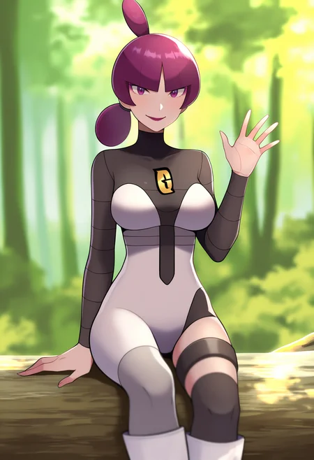 masterpiece, best quality, very aesthetic, absurdres,
1girl, jupiter \(pokemon\), purple hair, blunt bangs, hair tie, makeup, purple eyes, lipstick,
white boots, bodysuit,
waving, smile, solo, looking at viewer, trees, forest background,  <lora:JupiterNoobXL_byKonan:1>