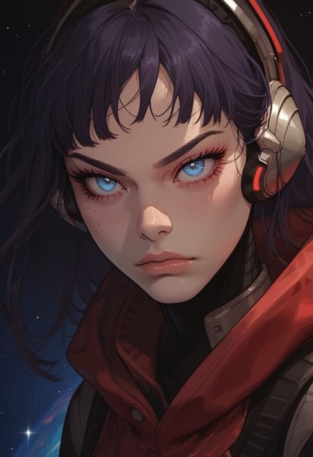 safe_pos, score_9, score_8_up, score_7_up, score_6_up, 1girl, alexsmtsj, long hair, bangs, headphones, black bodysuit, hood, red cape, sinozick style, g0th1c, glowing, sun on background, space suit, floating in space. serious face, short eyebrowns, highlights around pupil
