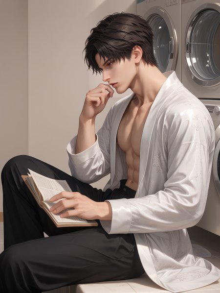 score_9,score_8_up,score_7_up,1boy,solo,yaoi,bara,male focus,fairly nsfw,uncersored,highres,best quality,amazing quality,best aesthetic,absurdres,<lora:add-detail-xl:1>,<lora:Expressive_H:1>,Expressiveh,<lora:zayne:0.5>,zayne,black hair,brown eyes,robe,open clothes,washing machine,sitting,reading,full body,from side