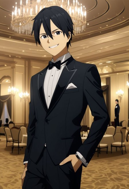 high resolution, professional photography, best quality, 1Boy, Kirigaya Kazuto, Black Hair, Black Eyes, overalldetail, ballroom, luxury hotel, tuxedo, smile, mysterious, confident, rich