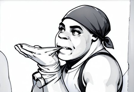 monochrome,
red bandana, from side, gloves, glove biting, mouth hold,
shrek, green skin
,score_9,score_8_up,score_7_up, 
 <lora:Potat_dark_ink_v1_monochrome-RS24:1>   <lora:RicardosBandana_XLPD:1>  <lora:Shrek_XLPD:0.8>  <lora:AdjustingGlovesWithLips_XLPD:1>