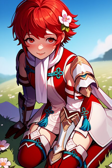 score_9, score_8_up, score_7_up, score_6_up, source_anime, 1girl, solo, <lora:fehinoka-pdxl-nvwls-v1-000006:1> hinoka, red hair, red eyes, short hair, white scarf, red and white dress, shoulder armor, gauntlets, red gloves, garter straps, red thighhighs, thigh boots, sitting, kneeling, field, flower patch, hair flower, blush, smile, looking up, blue sky