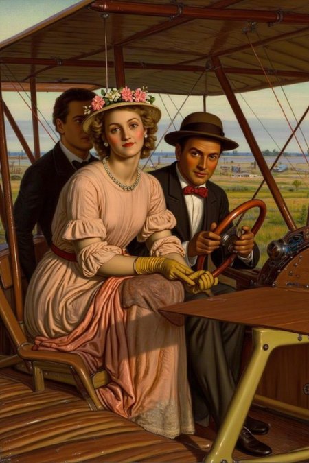 williamhhunt1 painting. 
A romantic scene of a couple on a vintage biplane. The woman, in the foreground, is a stylish woman with curly blonde hair adorned with a flower garland and wearing a light, flowing, peach-colored dress with a wide belt, a matching hat, and gloves. The man is piloting the biplane with his hands firmly on the steering wheel.  <lora:williamhhunt1_cap_d6a3e9:1.0><lora:838087233723660865:0>