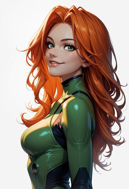 PonyXLV6_Scores BREAK  MiskyPie, 1girl, animification, blue eyes, bodysuit, breasts, from side, green bodysuit, green eyes, lips, long hair, looking at viewer, multicolored hair, orange hair, red hair, simple background, smile, solo, upper body, white background, cinematic angle, cinematic lighting, source_anime,