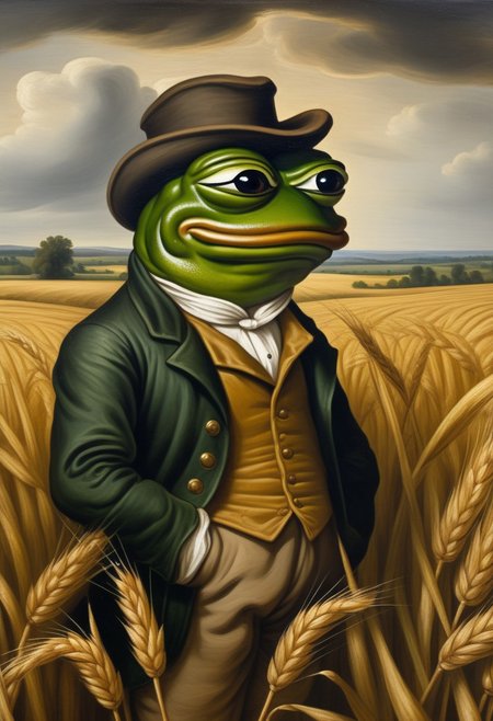 detailxl, high quality, intricate, painting of,
(frog, sad pepe_frog)
(as a british farmer, standing),
(wheat field background),
 (by Theodore Gericault:1.5)