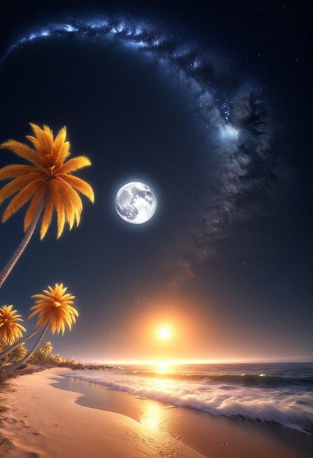 ocean, crashing waves SILVER LIQUID METAL , stars, moon, palm trees, beach, night, Inspiration, orange, yellow, 8k, best render, masterpiece, great, best scenery, beautiful, photorealistic, Milky Way, Night sky